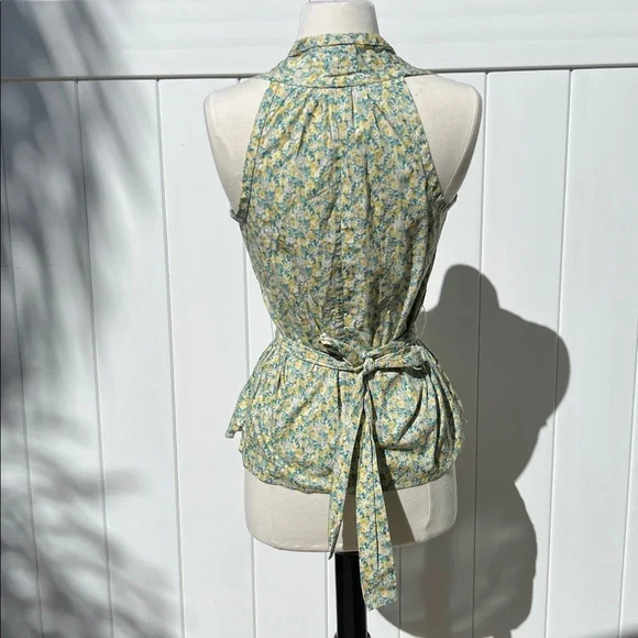 Talbots Yellow Blue Floral Peplum Blouse Sleeveless V Neck Tailored Top 2 - Picture 3 of 5